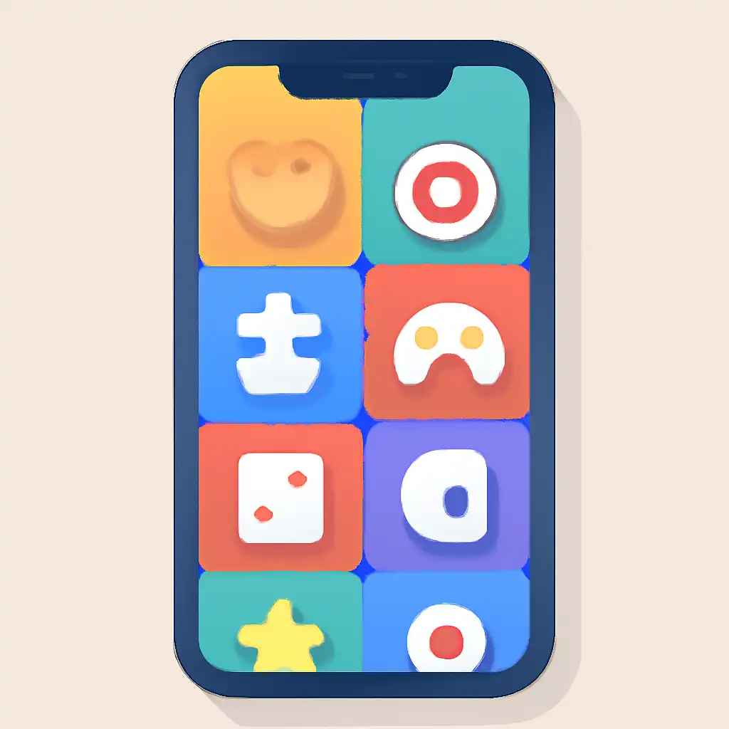 Smartphone shown from the front displaying a colourful flat layout of abstract game icons and rounded tiles, Raja Game