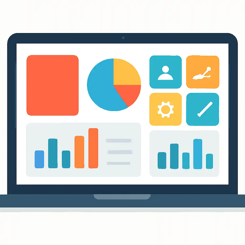 Laptop shown from the front displaying a colourful flat dashboard of abstract charts, bars and icon tiles, Raja Game
