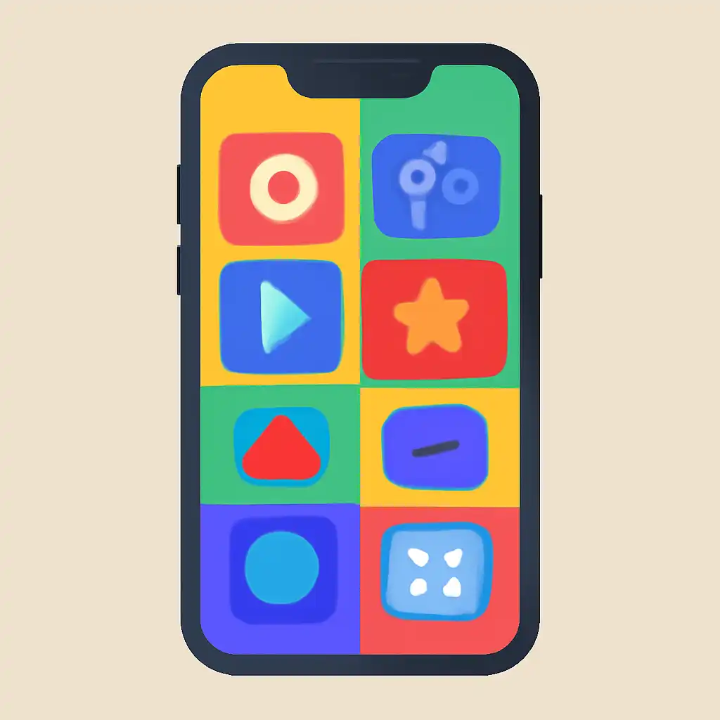 Smartphone shown from the front displaying a colourful flat layout of abstract game icons and rounded tiles, raja game