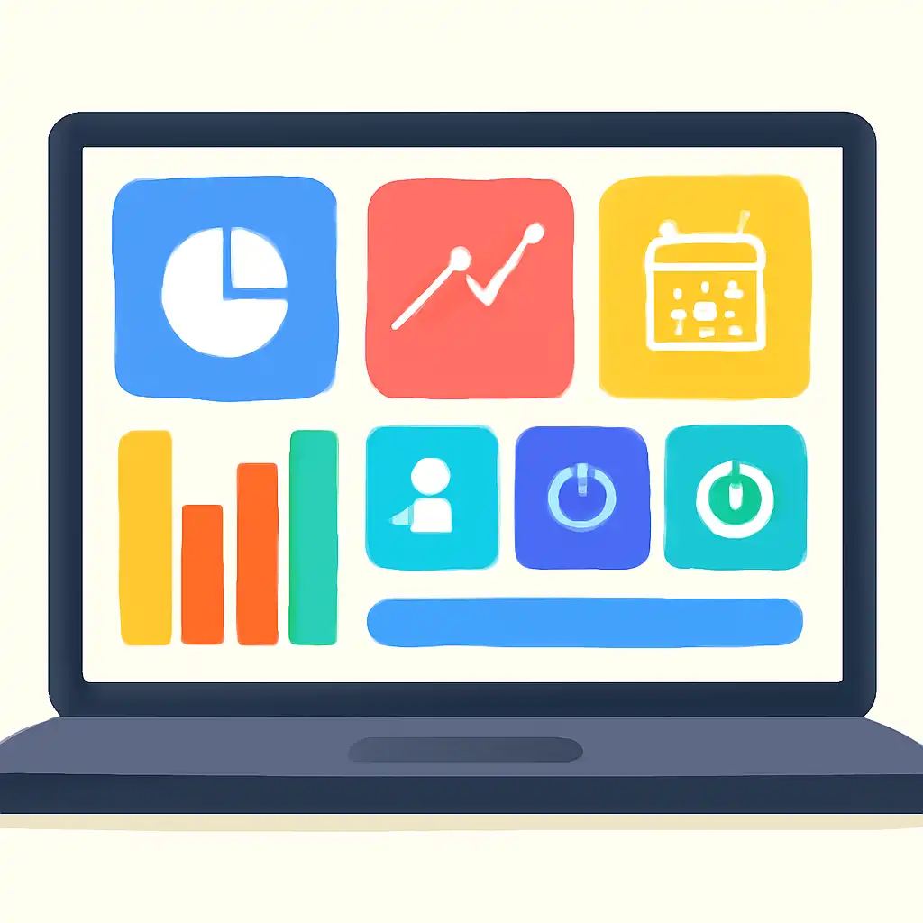 Laptop shown from the front displaying a colourful flat dashboard of abstract charts, bars and icon tiles, raja game