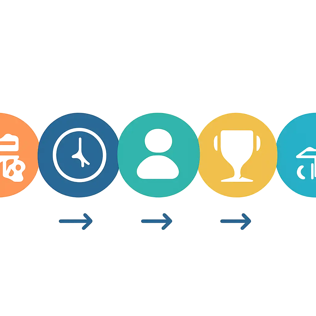 Five numbered circular icons connected by arrows in a horizontal flow, raja game: Rules, Timings and Results steps