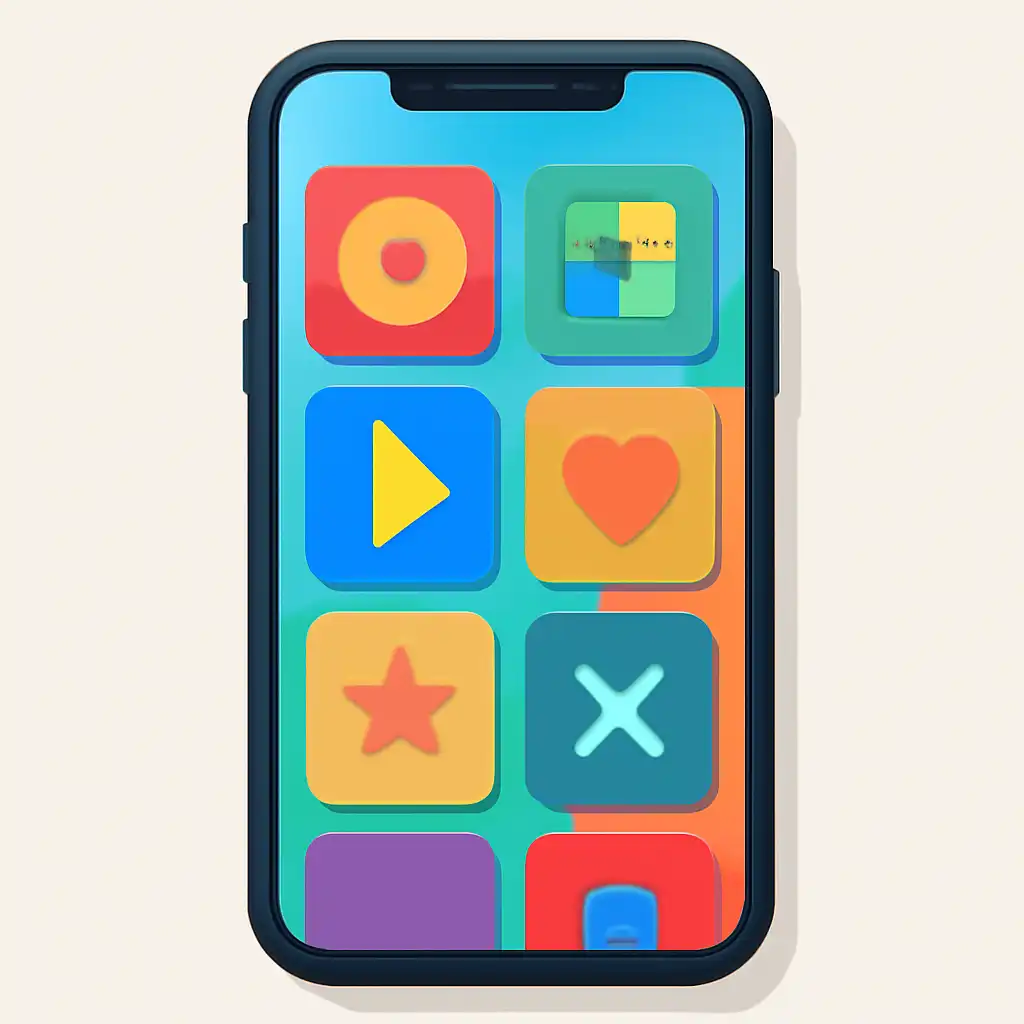 Smartphone shown from the front displaying a colourful flat layout of abstract game icons and rounded tiles, Common