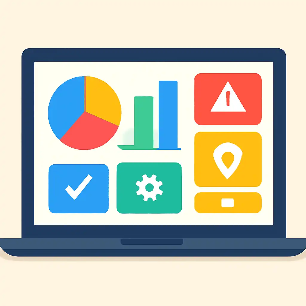Laptop shown from the front displaying a colourful flat dashboard of abstract charts, bars and icon tiles, Common Mistakes