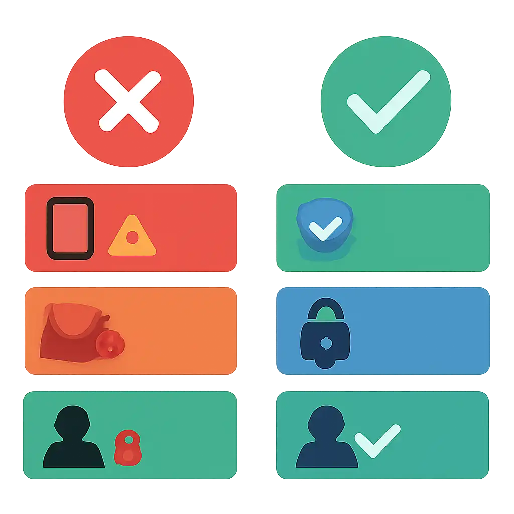 Infographic comparing options using coloured bars and, Common Mistakes and Safety, Raja Game