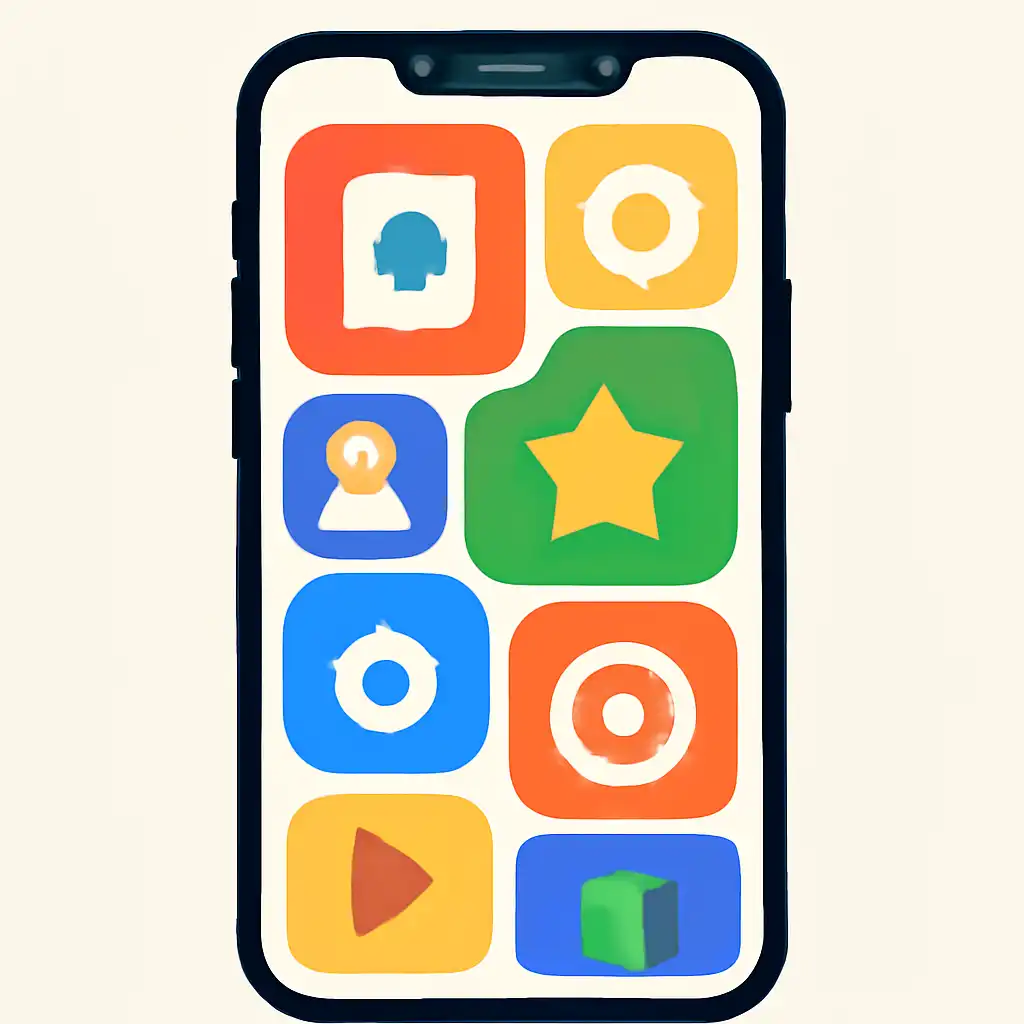 Smartphone shown from the front displaying a colourful flat layout of abstract game icons and rounded tiles, Getting