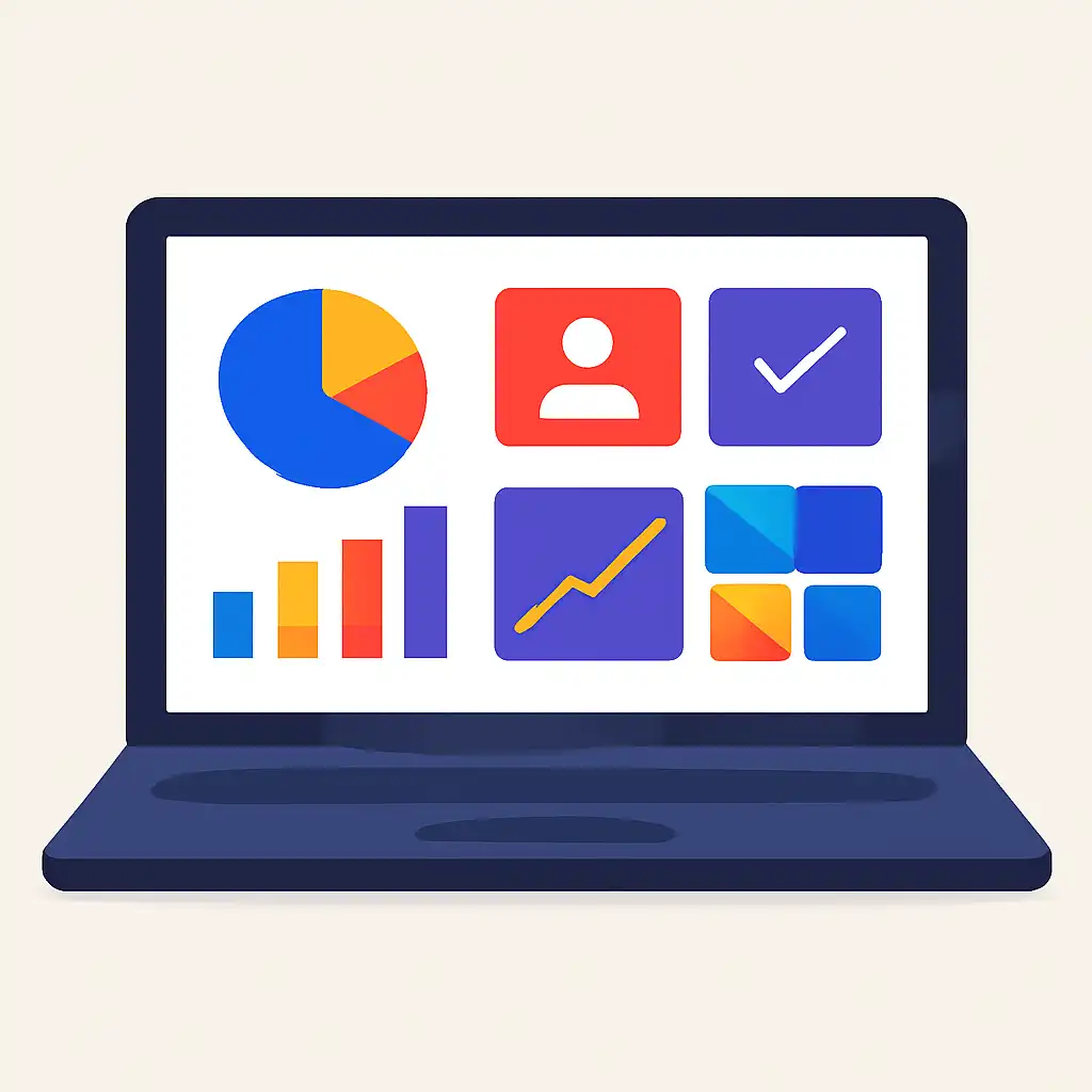 Laptop shown from the front displaying a colourful flat dashboard of abstract charts, bars and icon tiles, Getting Started