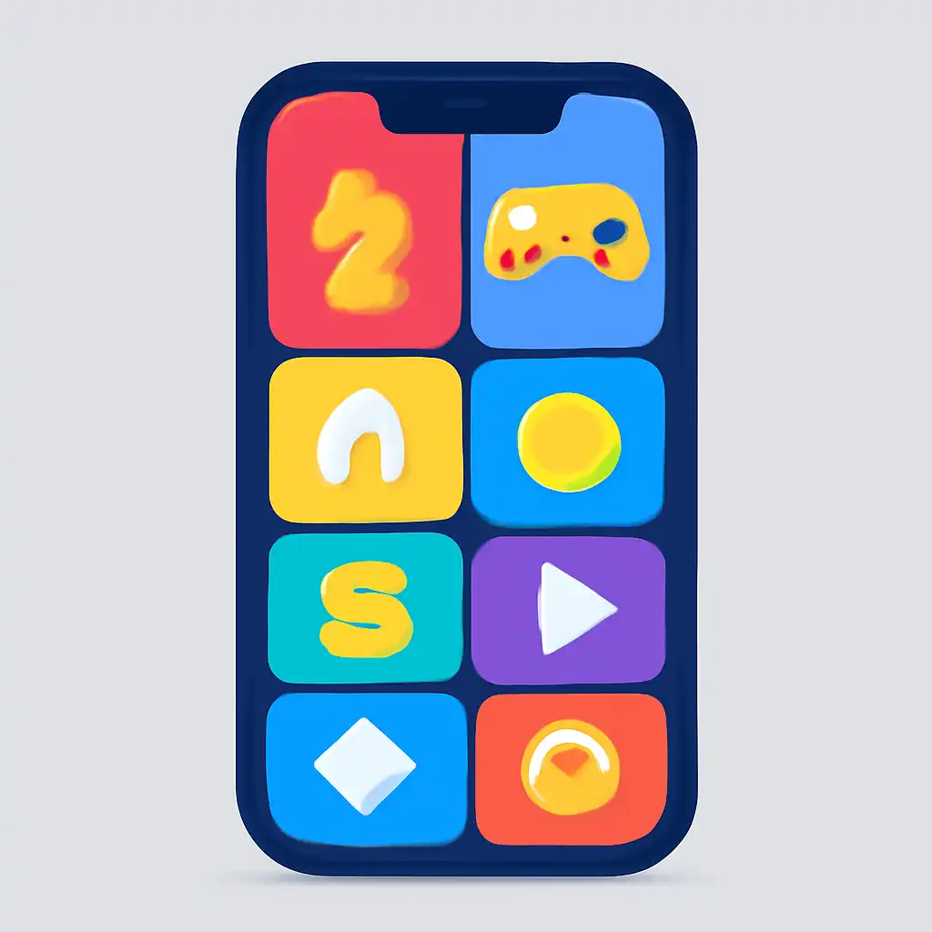 Smartphone shown from the front displaying a colourful flat layout of abstract game icons and rounded tiles, Deposits