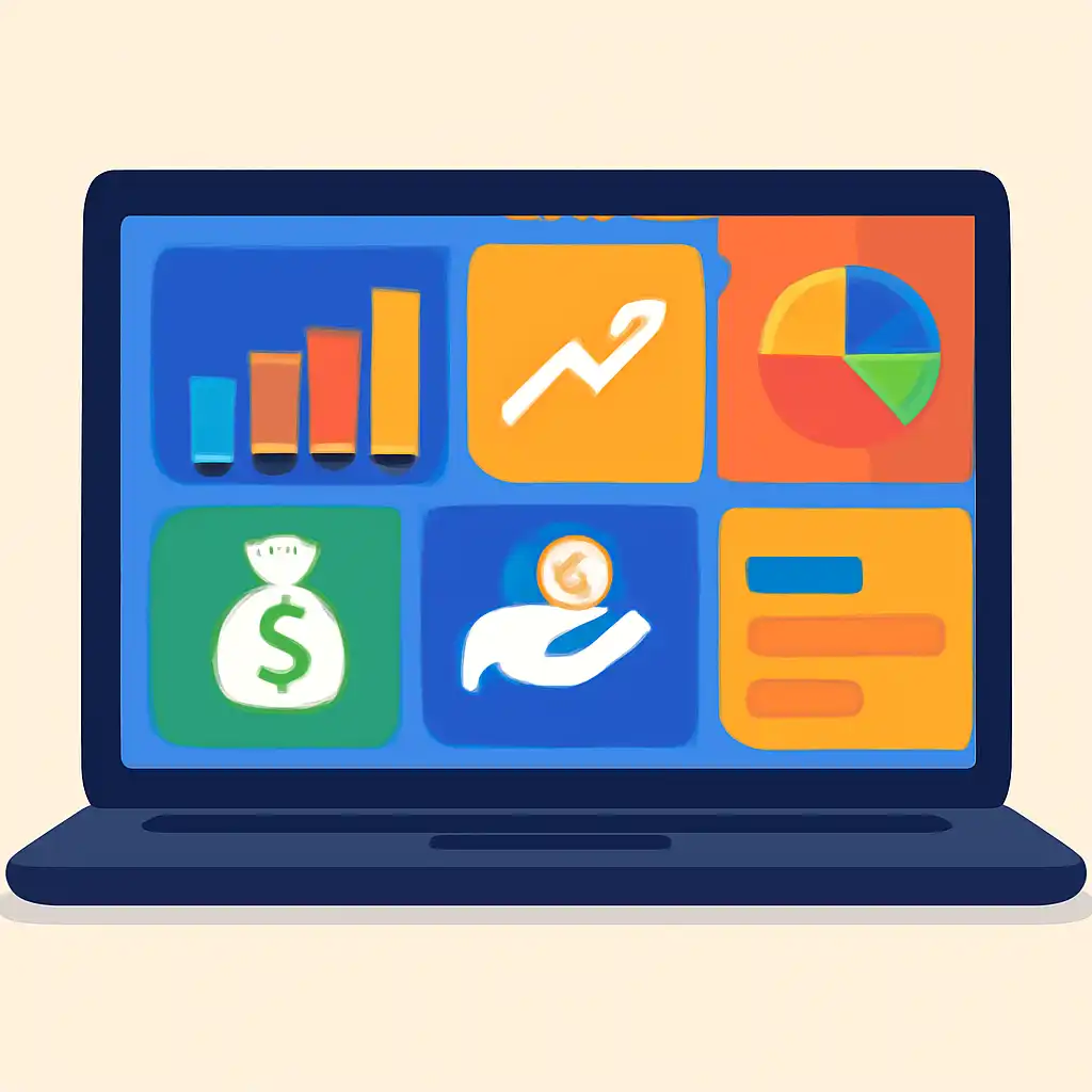 Laptop shown from the front displaying a colourful flat dashboard of abstract charts, bars and icon tiles, Deposits