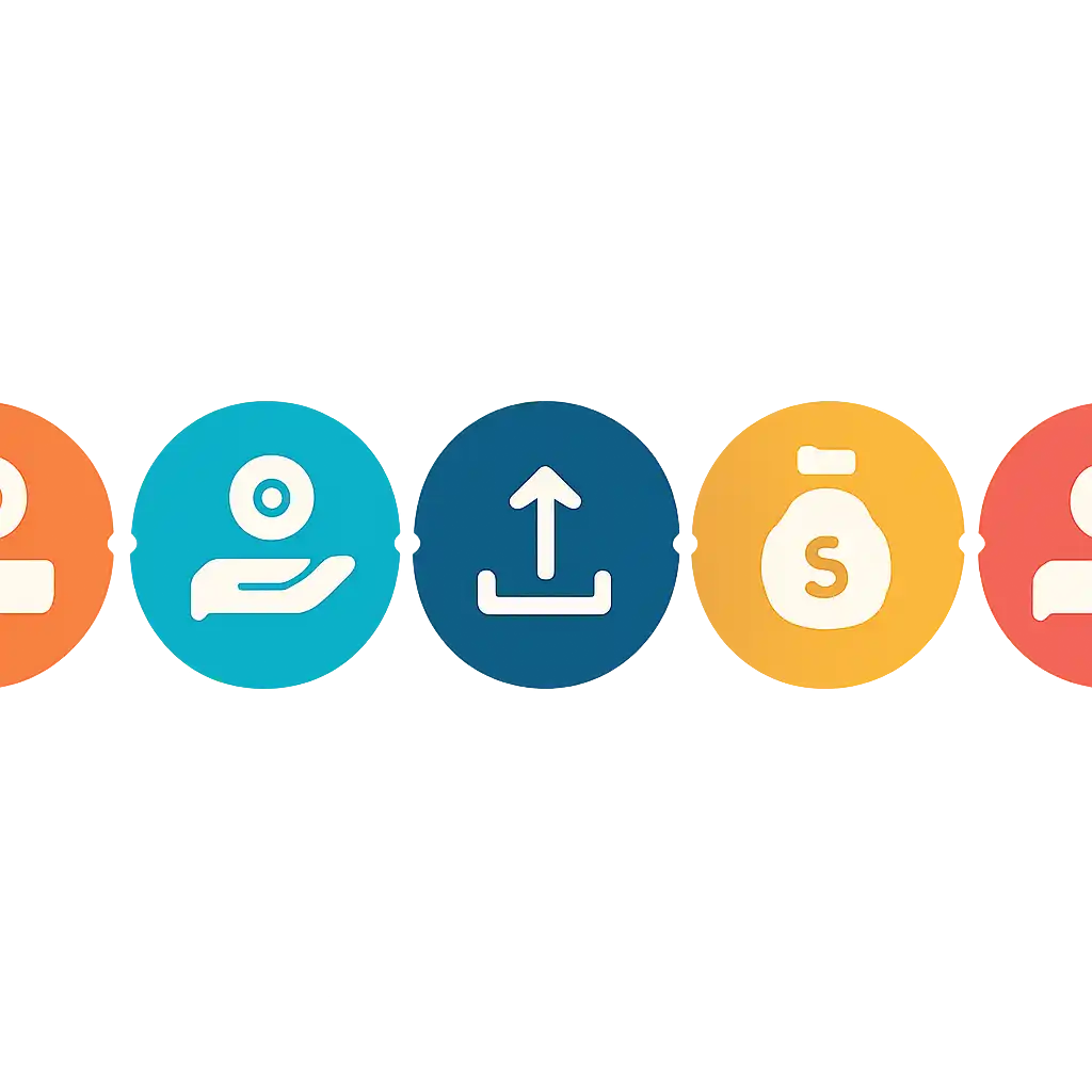 Five numbered circular icons connected by arrows in a horizontal flow, Deposits, Withdrawals and Payouts steps, Raja Game