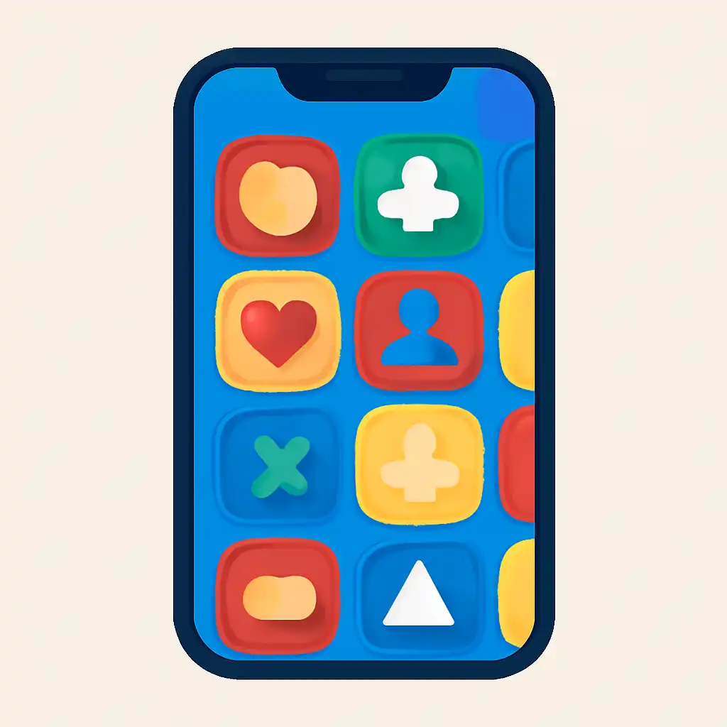 Smartphone shown from the front displaying a colourful flat layout of abstract game icons and rounded tiles, What raja game