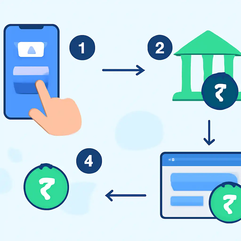 Annotated step diagram: upi deposits process with numbered callouts, Raja Game