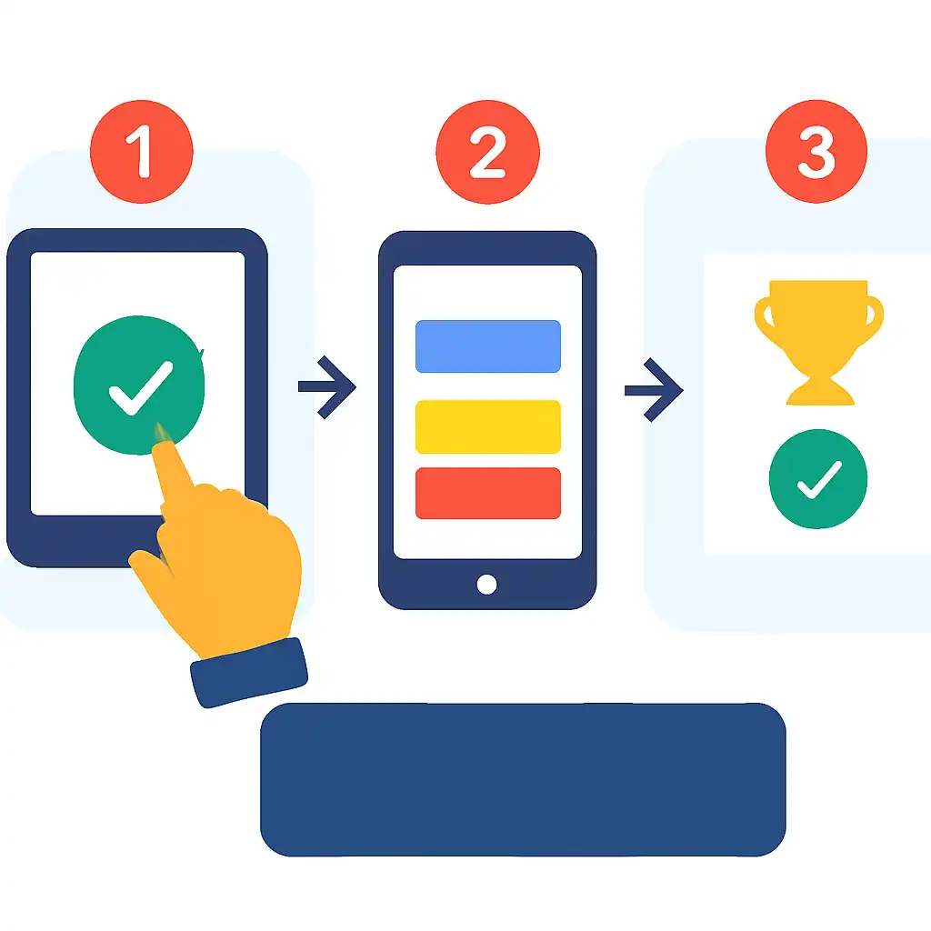 Annotated step diagram: checking results process with numbered callouts, Raja Game